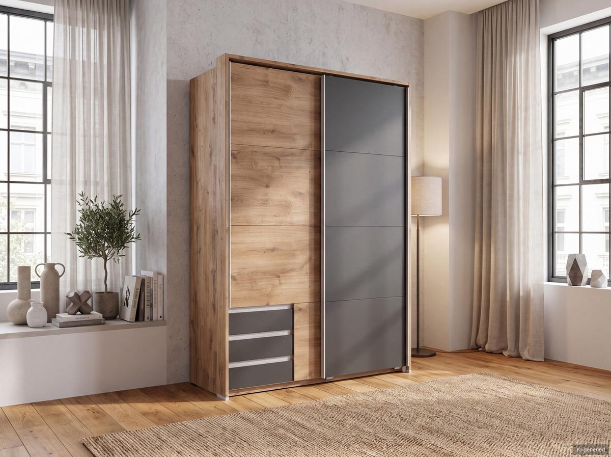SCHWEBETÜRENSCHRANK 2-türig B138/H200/T65 cm, Passepartout-Kleiderschrank in Eiche Dekor, 1x Tür & sichtbare Schubkästen in Grafit / 22671 - Eichefarben/Graphitfarben, Holz/Holzwerkstoff (138/200/65cm) - luma-home