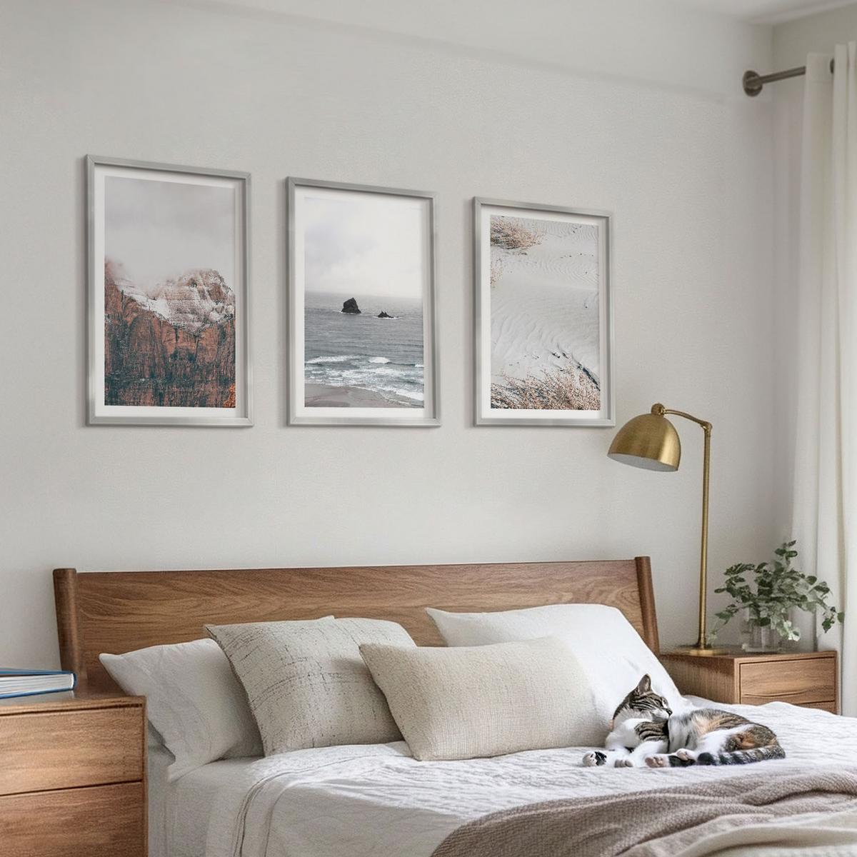 BILDER SET 3er Set - 40x60 cm Silberner Rahmen - Berge, Wolken, Meer, Sand, Natur - Silberfarben, Kunststoff (40/60cm) - TULUP