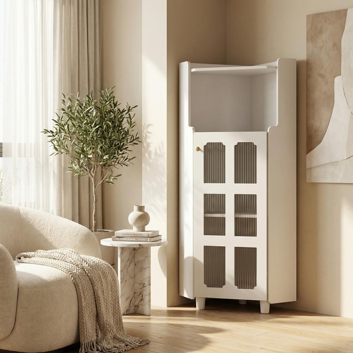ECKSCHRANK in Weiß lackiert mit App-gesteuerter LED & Glasvitrine - Weiß, Holzwerkstoff (63/124/45cm) - Urban Meuble