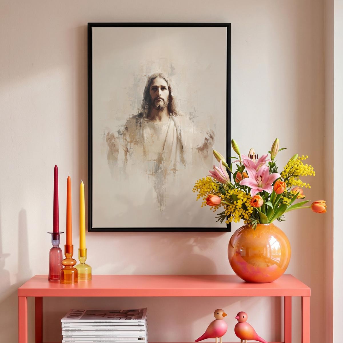 LEINWAND Bilder mit Rahmen - Porträt - Abstrakt - Jesus - Beige - 40x60 - Beige, Textil (40/60cm) - MuchoWow