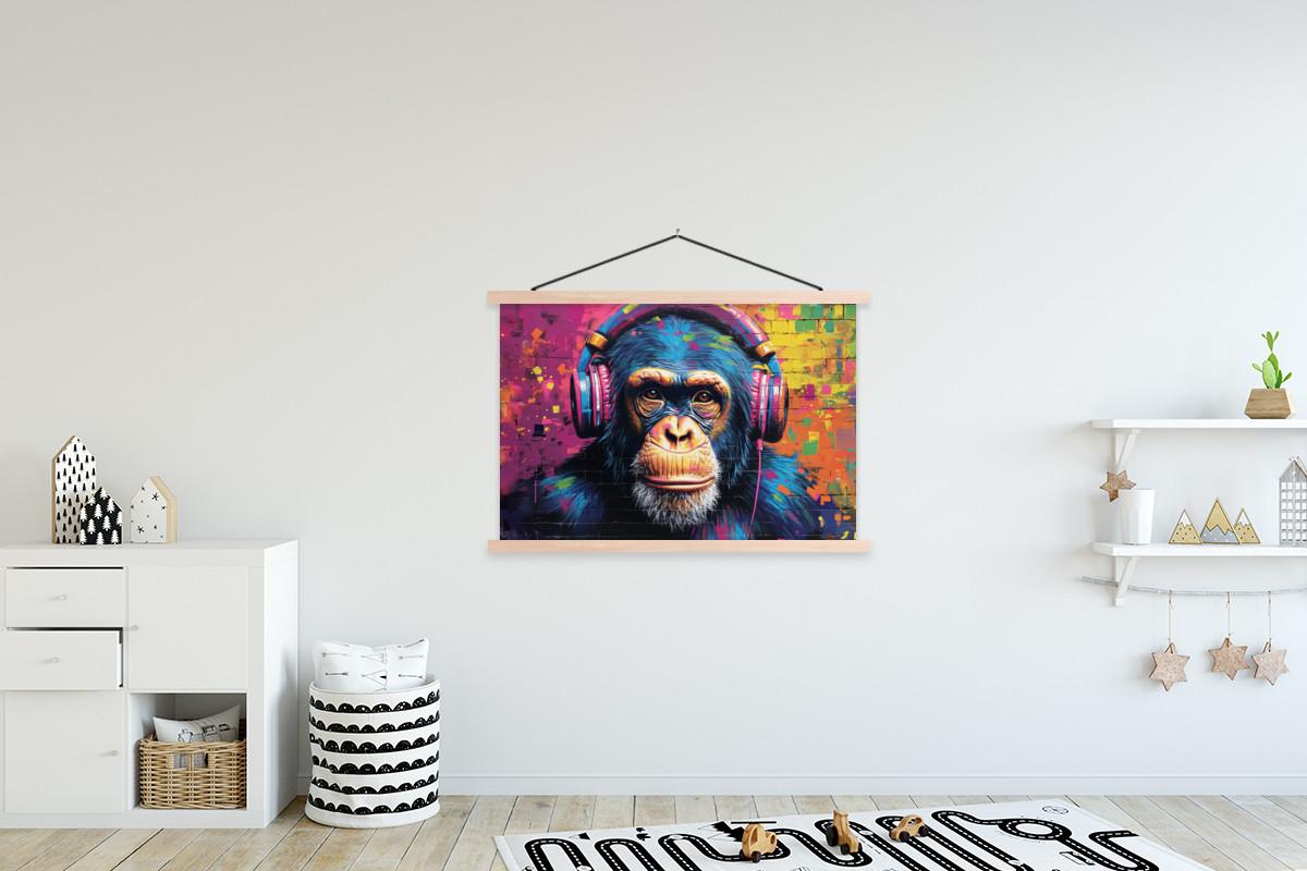 POSTER MIT MAGNETLEISTEN Graffiti - Schimpanse - Straßenkunst - Kopfhörer - Affe Magnetleiste 120x80 cm - Blau, Textil (120/80/0.15cm) - MuchoWow