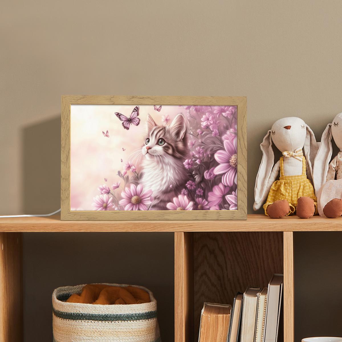 NACHTTISCHLAMPE Kätzchen - Blumen - Schmetterlinge - Lila 30x20 cm - Altrosa, Holzwerkstoff (8/30/20cm) - OnlyWow