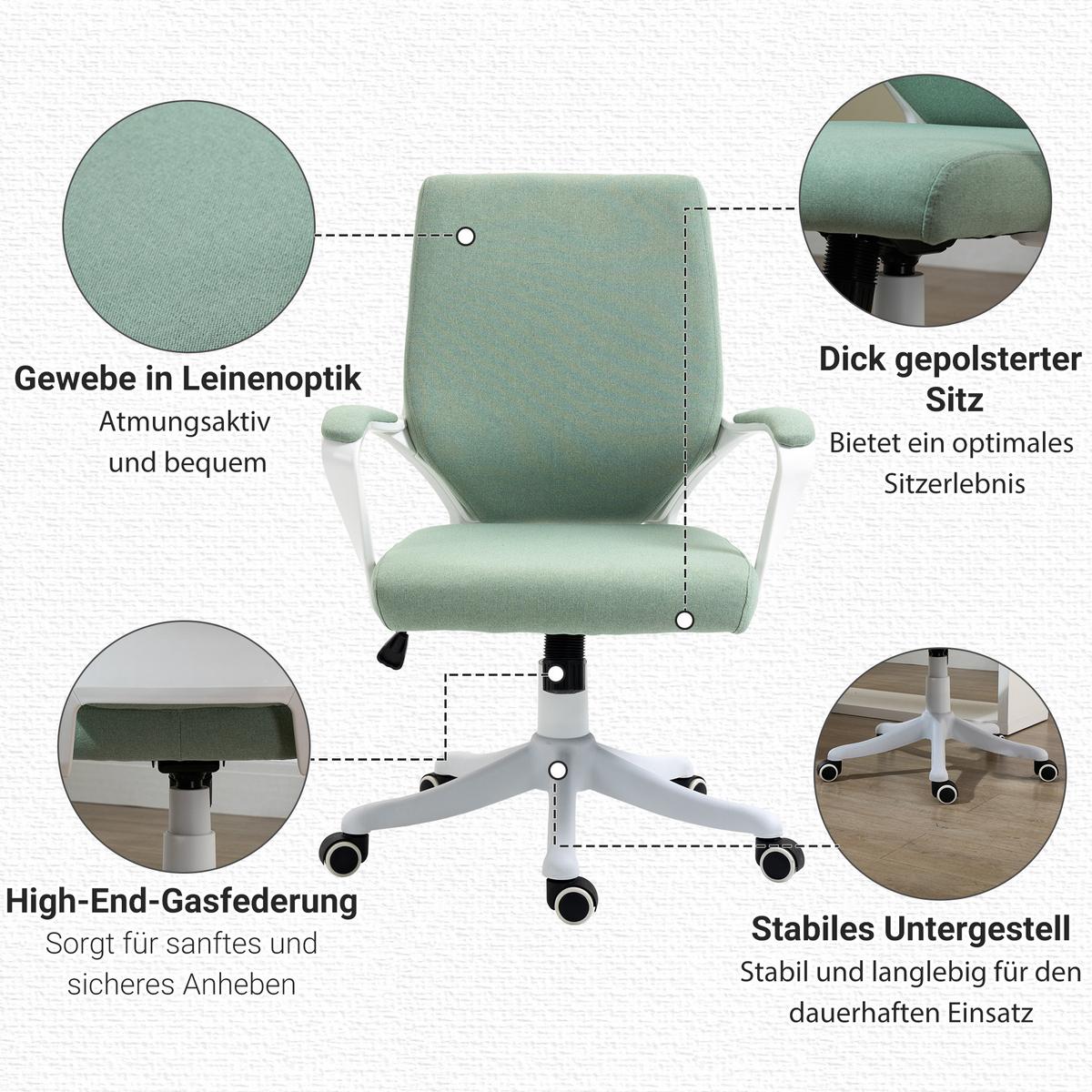 BÜROSTUHL Drehstuhl höhenverstellbarer dick gepolstert Polyester Grün+Weiß - Hellgrün, Kunststoff (69/100/62cm) - Vinsetto