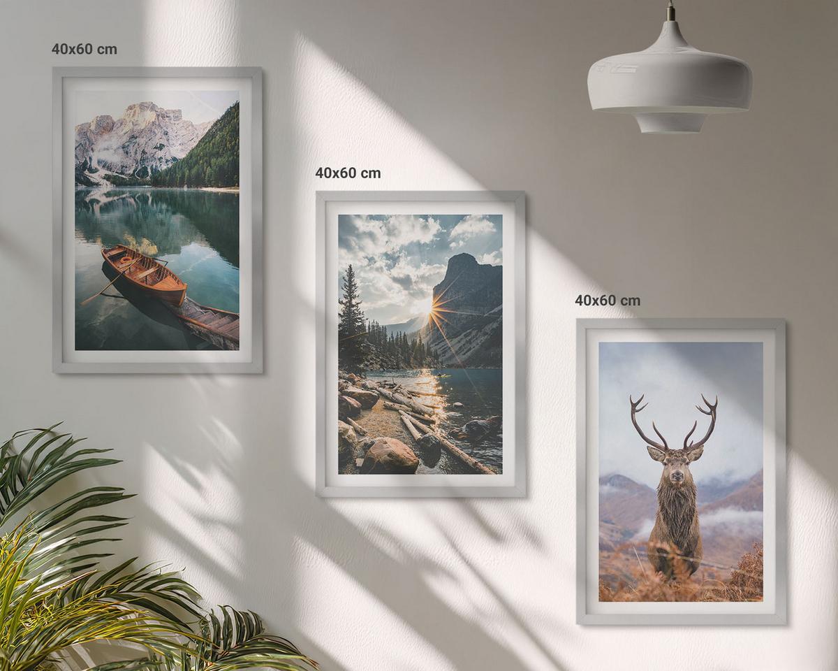 BILDER SET 3er Set - 40x60 cm Silberner Rahmen - Bergsee, Bootsfahrt, Sonnenuntergang, Hirsche - Silberfarben, Kunststoff (40/60cm) - TULUP