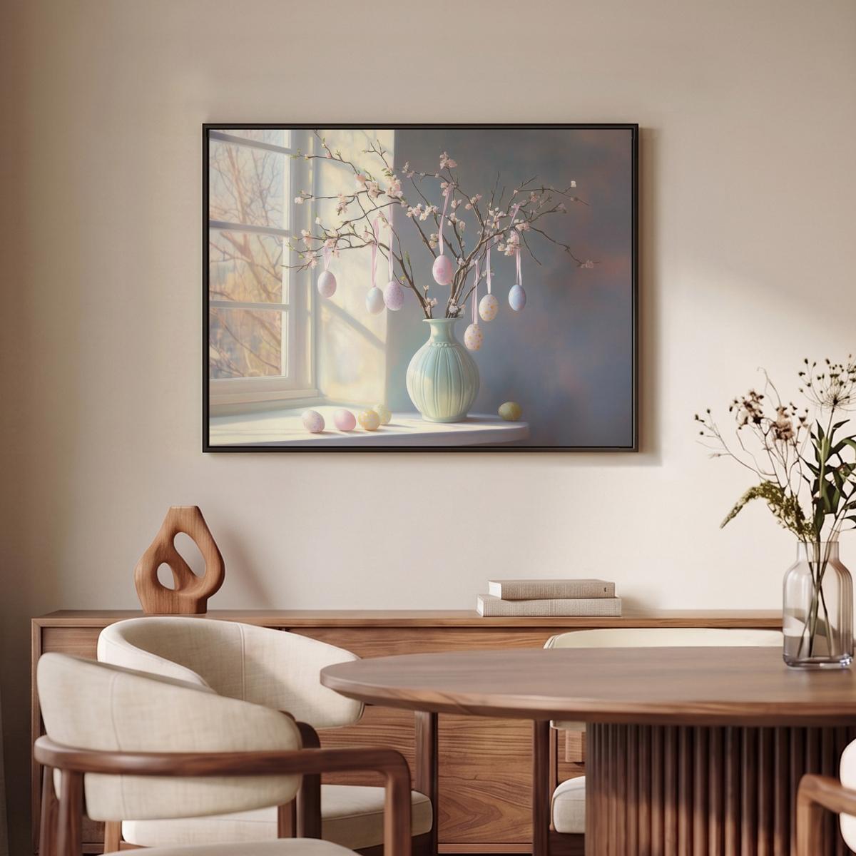LEINWAND Bilder mit Rahmen - Stillleben - Vase - Osterzweig - 80x60 - Hellblau, Textil (80/60cm) - MuchoWow
