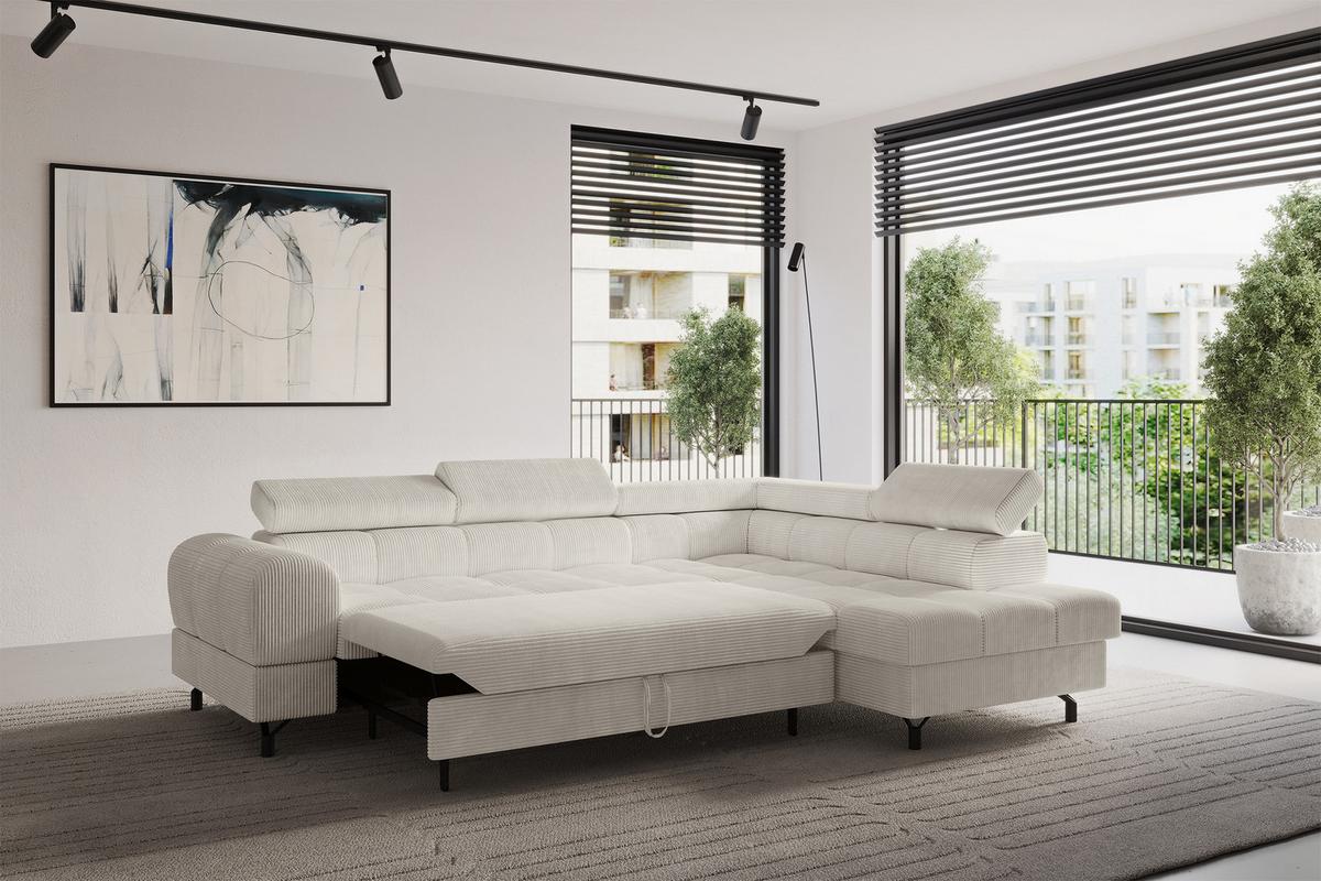ECKSOFA mit Schlaffunktion Ottomane Rechts LUMA-L 272x203x70 Creme Cord - Creme/Schwarz, Holzwerkstoff/Kunststoff (203/272cm) - ALTDECOR