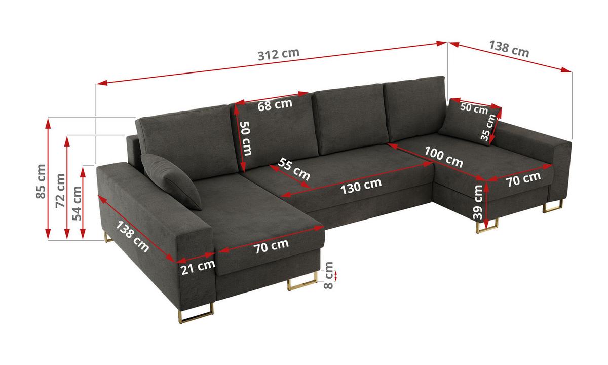 WOHNLANDSCHAFT DORIAN U Velvet Dunkelgrau - Dunkelgrau/Goldfarben, Textil/Metall (312/85/138cm) - MKS