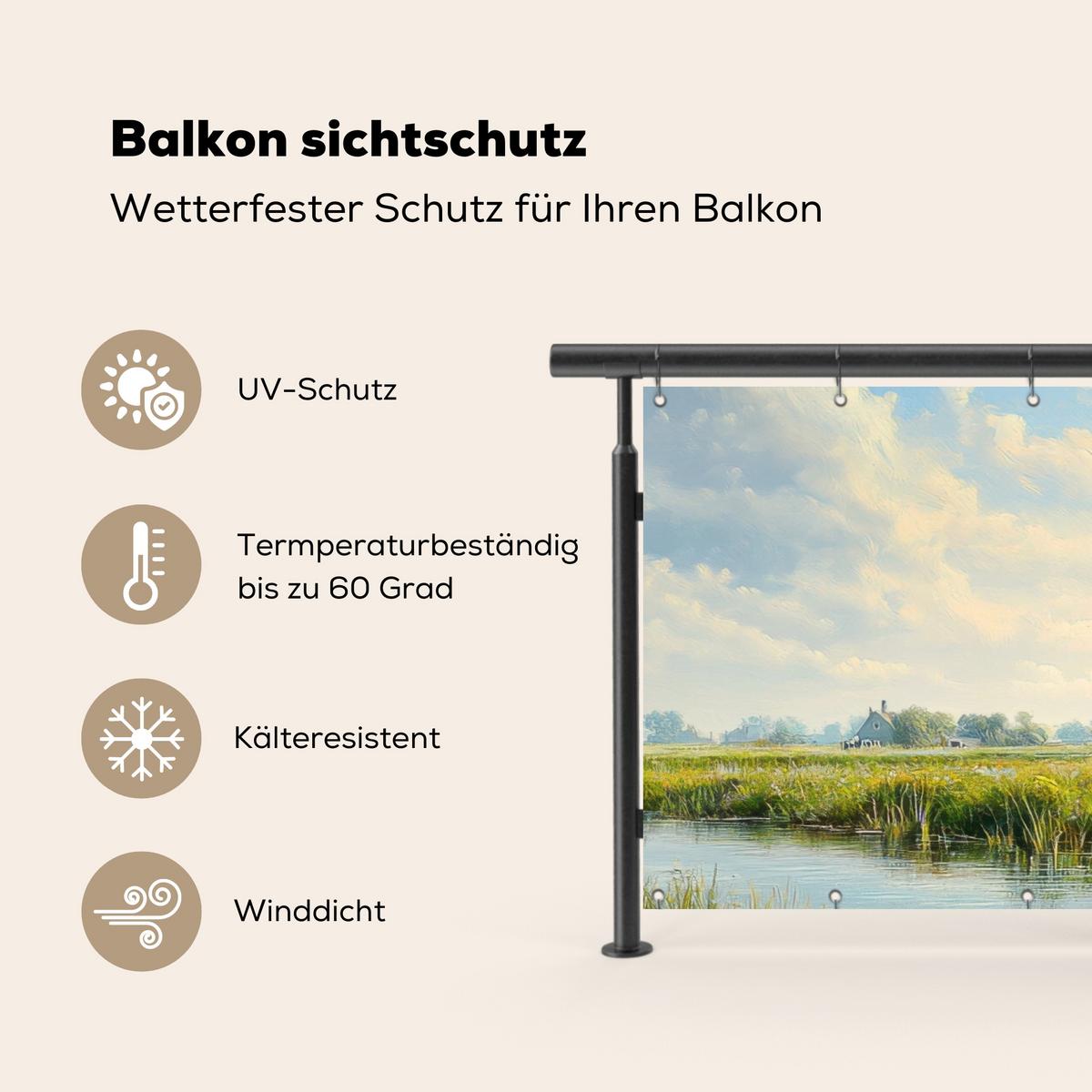 BALKON-SICHTSCHUTZ Kühe - Windmühle - Wiese - Blau Witterungsbeständig 200x90 cm - Grün, Kunststoff (200/90cm) - MuchoWow