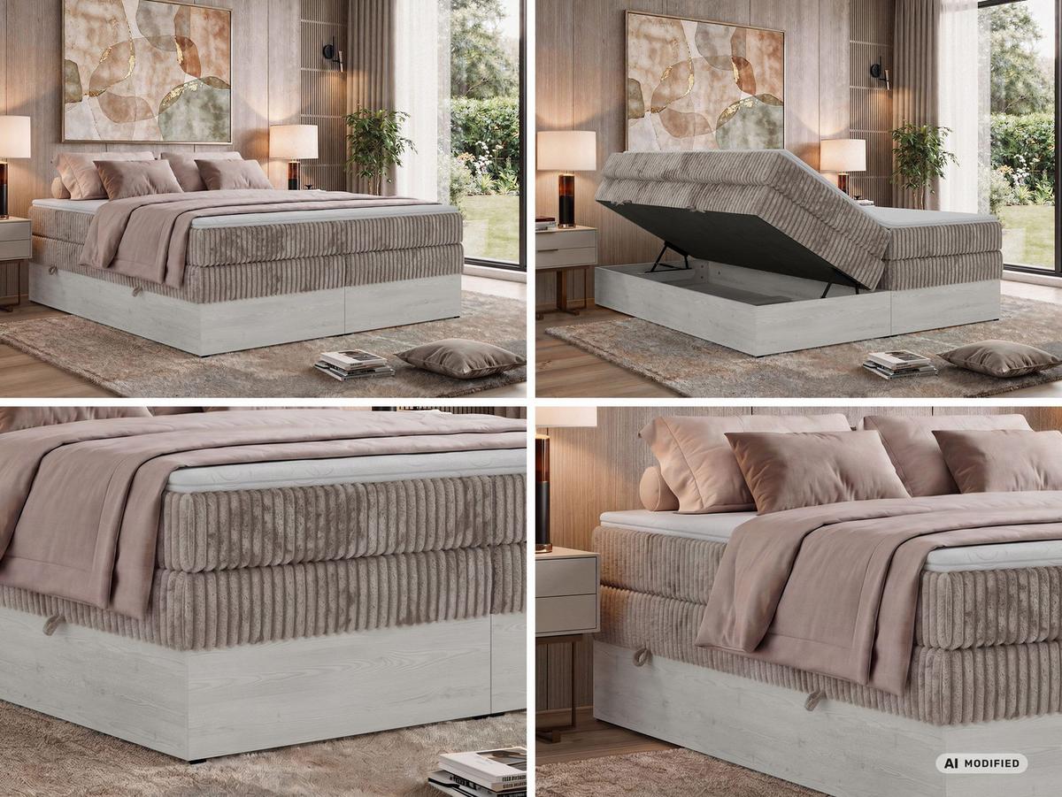 BOXSPRINGBETT NORDIC ZERO KING 180/200 - Hellbraun Cord - Topper Visco - H3 - Hellbraun/Schwarz, Kunststoff/Textil (180/200cm) - MKS