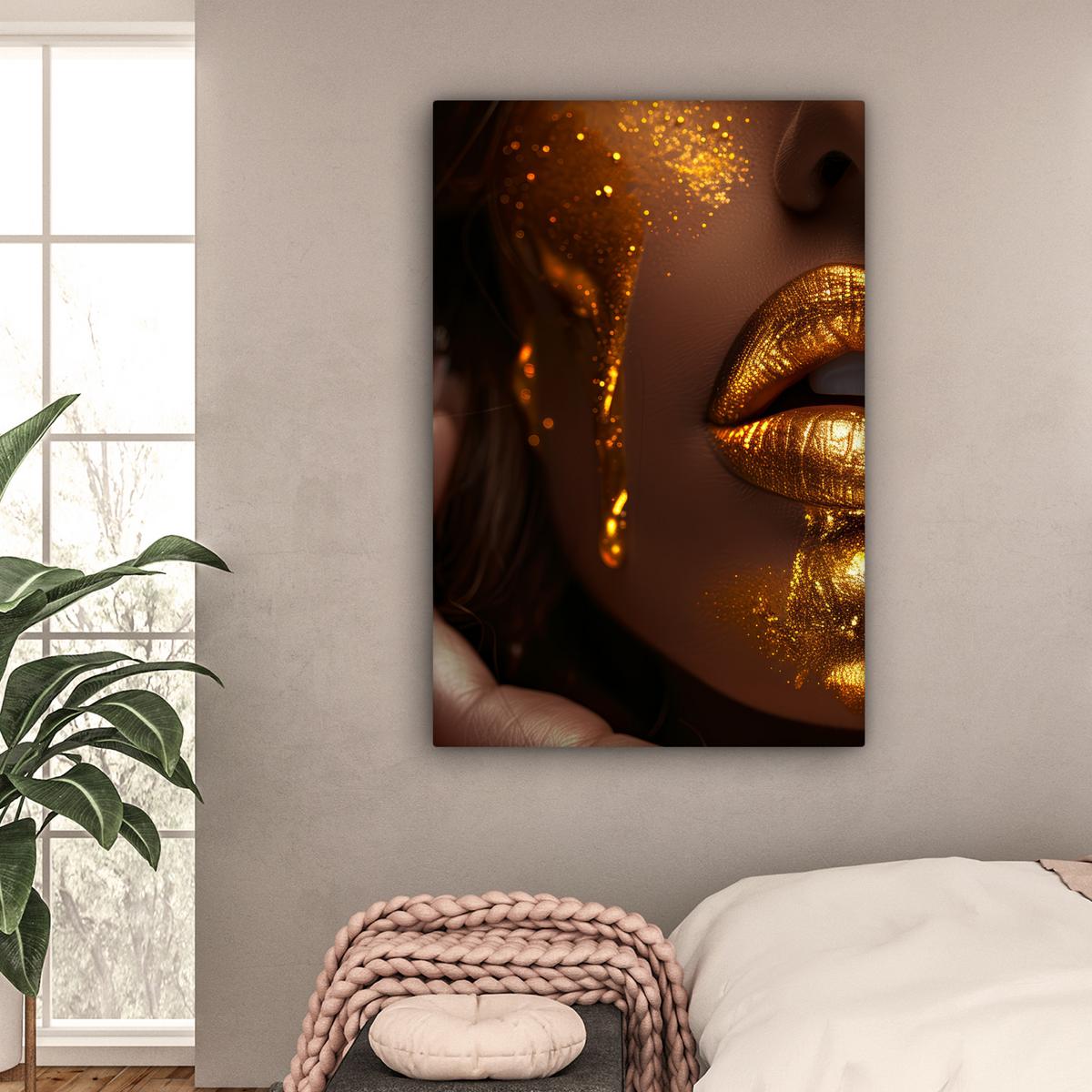 LEINWANDBILD Frau - Gold - Luxus - Porträt Deko Groß 90x140 cm - Goldfarben, Textil (90/140cm) - MuchoWow