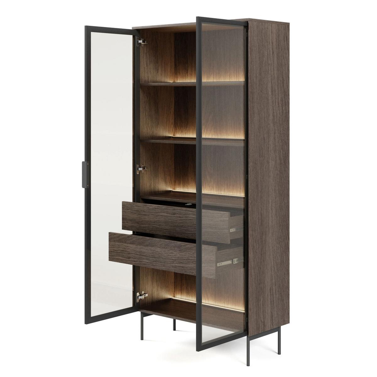 VITRINE Lumi mit LED Eiche Dunin 91 cm - Dunkelbraun/Schwarz, Holzwerkstoff/Metall (91.5/194.6/39.3cm) - Selsey