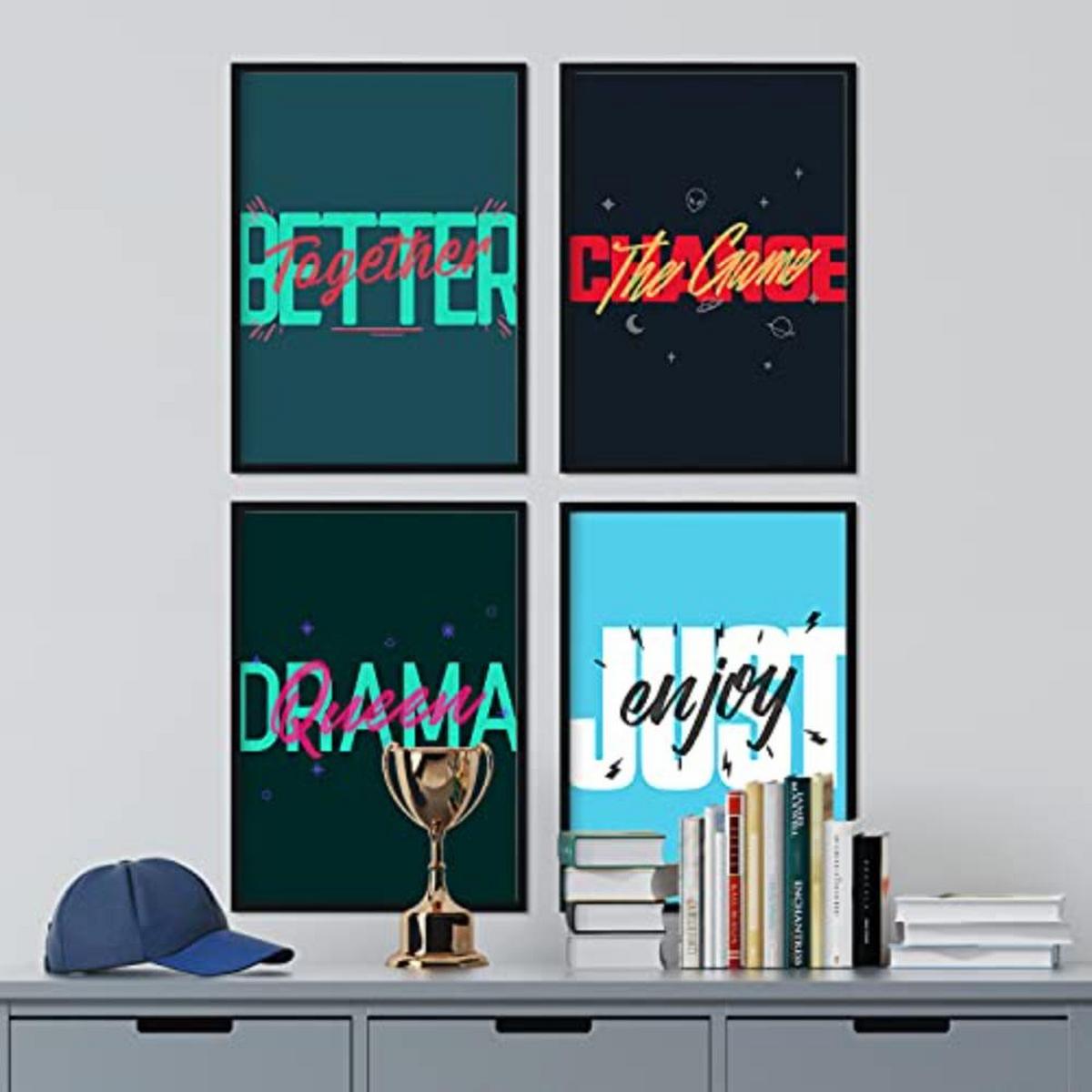 POSTER Set mit 4 blauen und grünen Etikettendesign und Motivationsnachrichten A4 Schwarzer Rahmen - Schwarz, Papier (29.7/3cm) - Nacnic