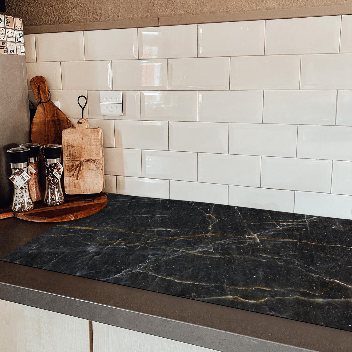 HERDABDECKPLATTE Marmor - Schwarz - Gold - Grau - Marmorstruktur Ceranfeldabdeckung 90x52 cm - Goldfarben, Kunststoff (90/52/0.2cm) - MuchoWow