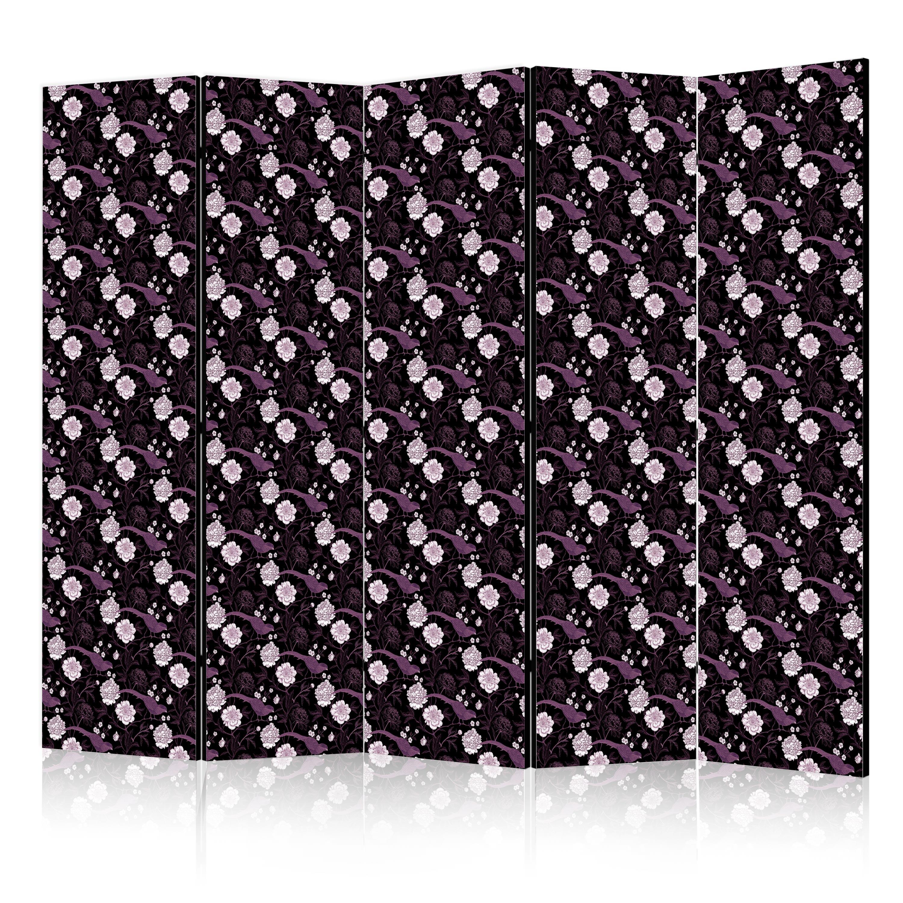 PARAVENT 5-tlg 225x172 cm Vögel und Pfingstrosen - Schwarz, Holz/Textil (225/172/3cm) - Muralo