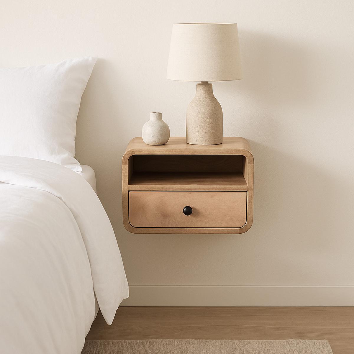 NACHTTISCH Wandmontierter im Eichenholz-Finish, 1 Schublade, 1 Offenes Fach, Beige - Beige/Messingfarben, Holz/Metall (30/25/25cm) - Artisan Furniture