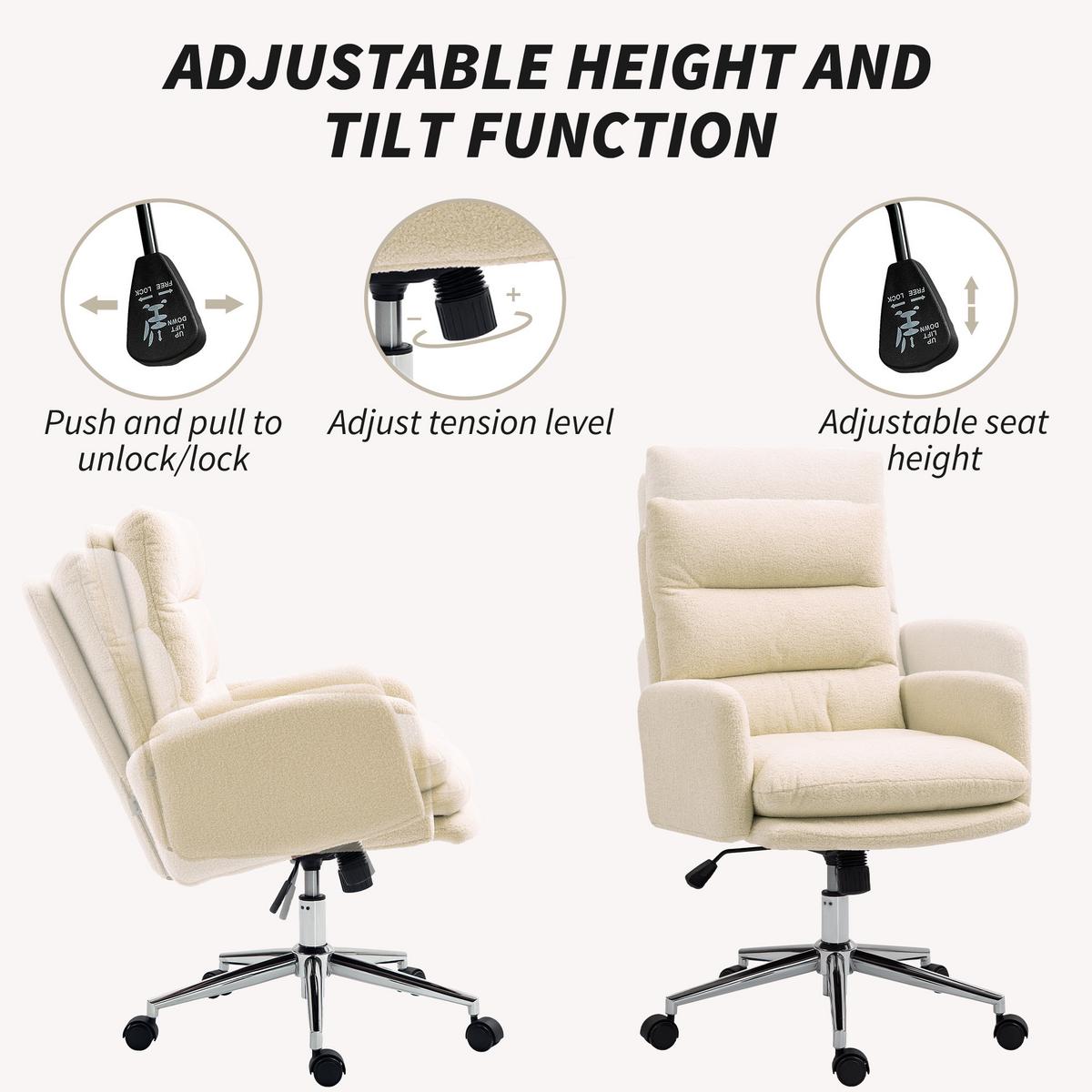 BÜROSTUHL Ergonomischer Schreibtischstuhl mit Armlehne, Lammwolle-Optik Creme - Creme, Kunststoff (58/99/67cm) - HOMCOM