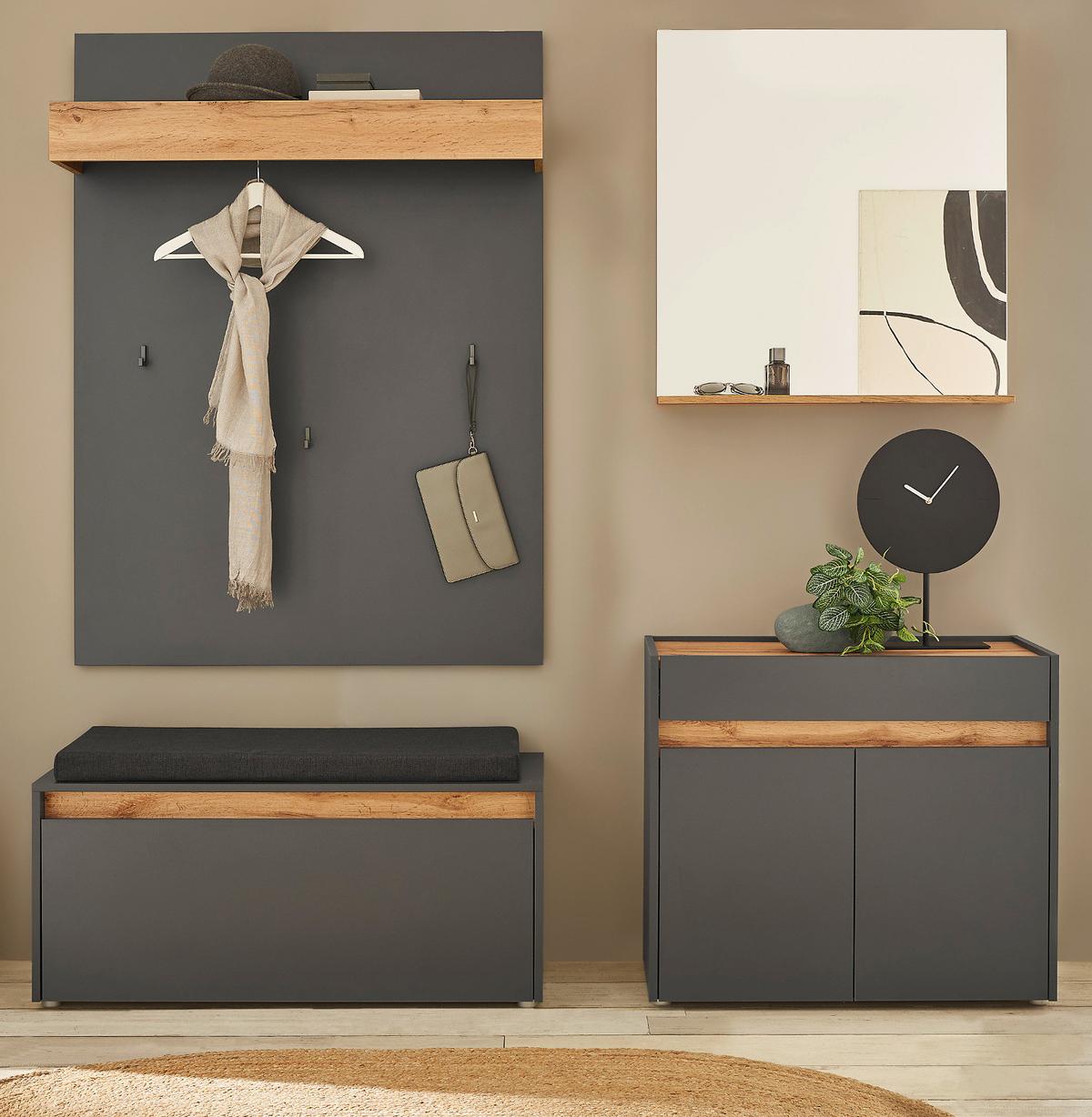 GARDEROBEN-SET 5-teilig grau matt, Eiche Wotan 190 cm, Kombination inklusive Sitzkissen - Eiche Wotan/Silberfarben, Glas/Holzwerkstoff (190/200/40cm) - Furn.Design