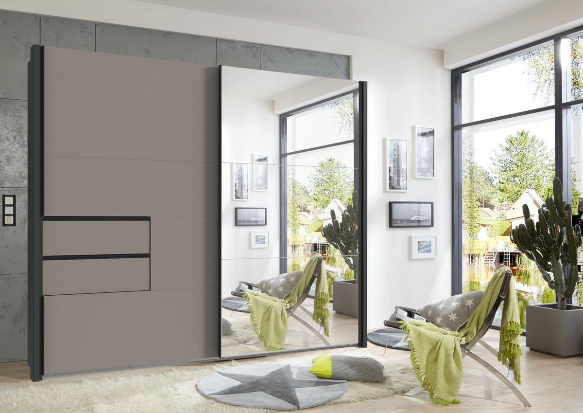 SCHWEBETÜRENSCHRANK 2-türig B262/H216/T65 cm, Korpus&Passepartout Grafit, Türen&Schubladen Sandgrau/Spiegel, Kleiderschrank inkl. Vollausst. / 22062 - Sandfarben/Bordeaux, Holzwerkstoff/Metall (262/216/65cm) - luma-home