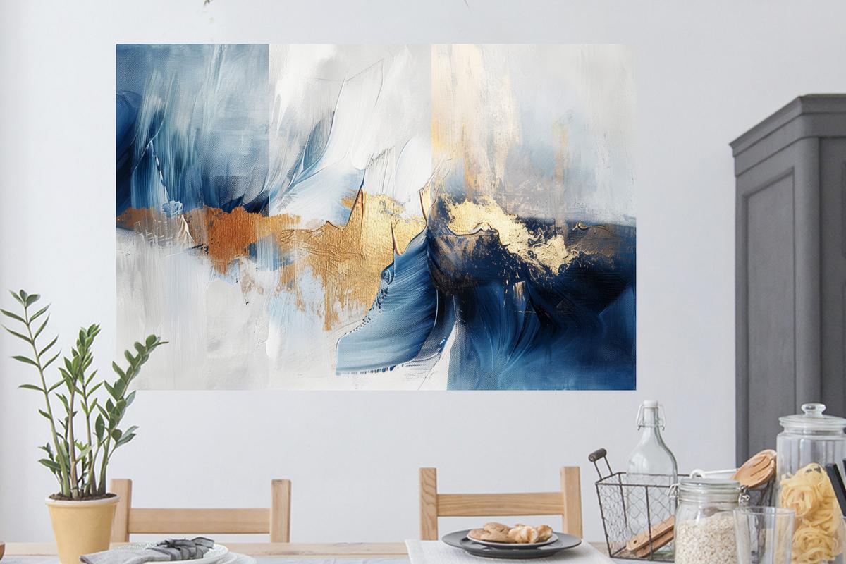WANDTATTOO Gold - Blau - Aquarell - Kunst - Modern Wandsticker 120x80 cm - Hellblau, Kunststoff (120/80/0.1cm) - MuchoWow