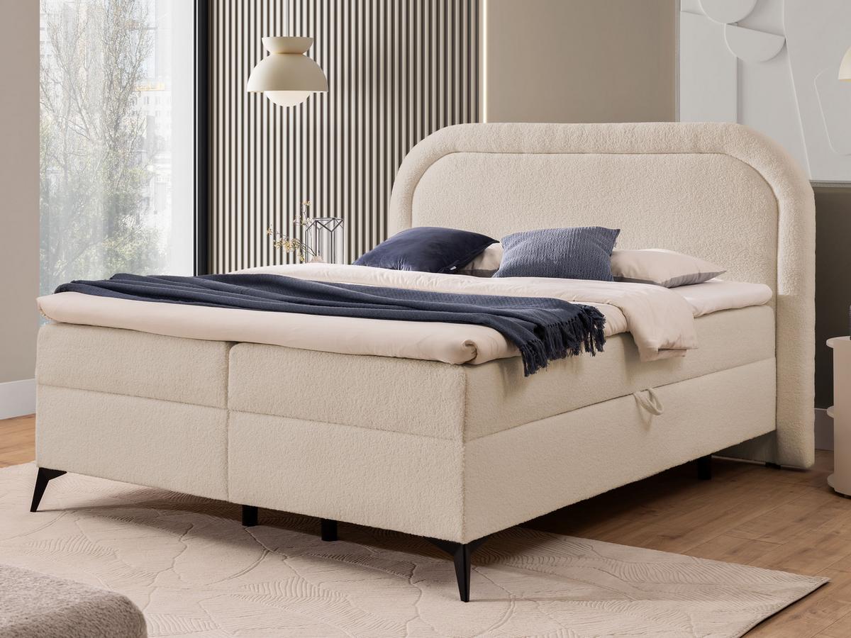 BOXBETT Sonna 180/200 cm Hellbeige Bouclé-Stoff mit abgerundetem Kopfteil und mit schwarzen Metallfüßen - Beige/Schwarz, Holz/Textil (180/200cm) - S-Style Möbel