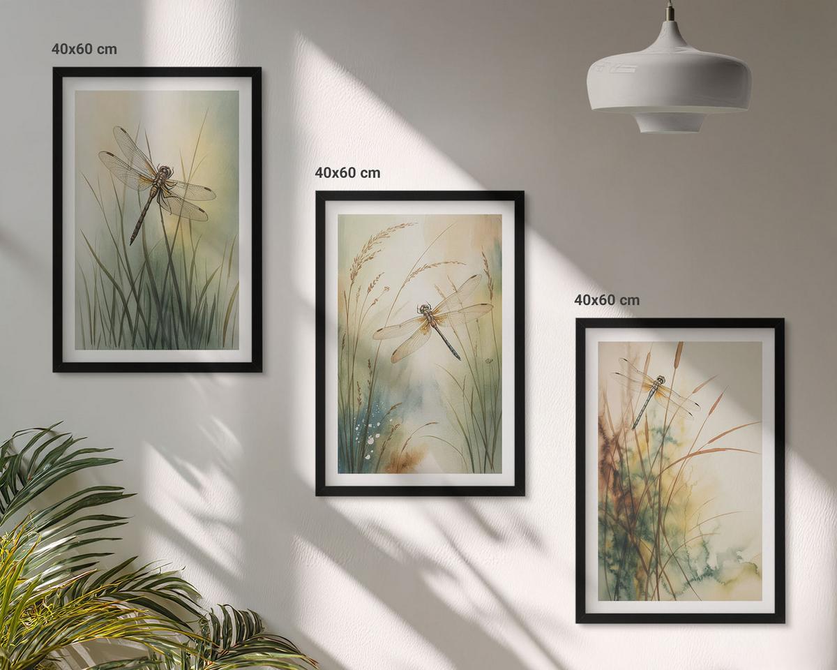 BILDER SET 3er Set - 40x60 cm Schwarzer Rahmen - Libellengräser über dem Wasser - Schwarz, Kunststoff (40/60cm) - TULUP