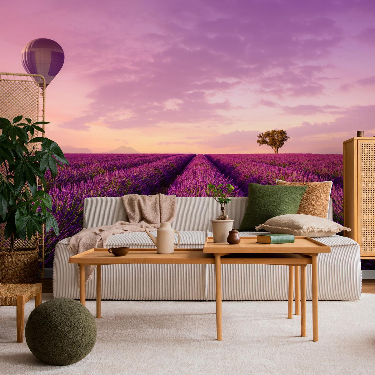FOTOTAPETE für Wohnzimmer Lavendelfeld Heißluftballon Provence 400x280 - Violett/Lila, Papier (400/280cm) - Muralo