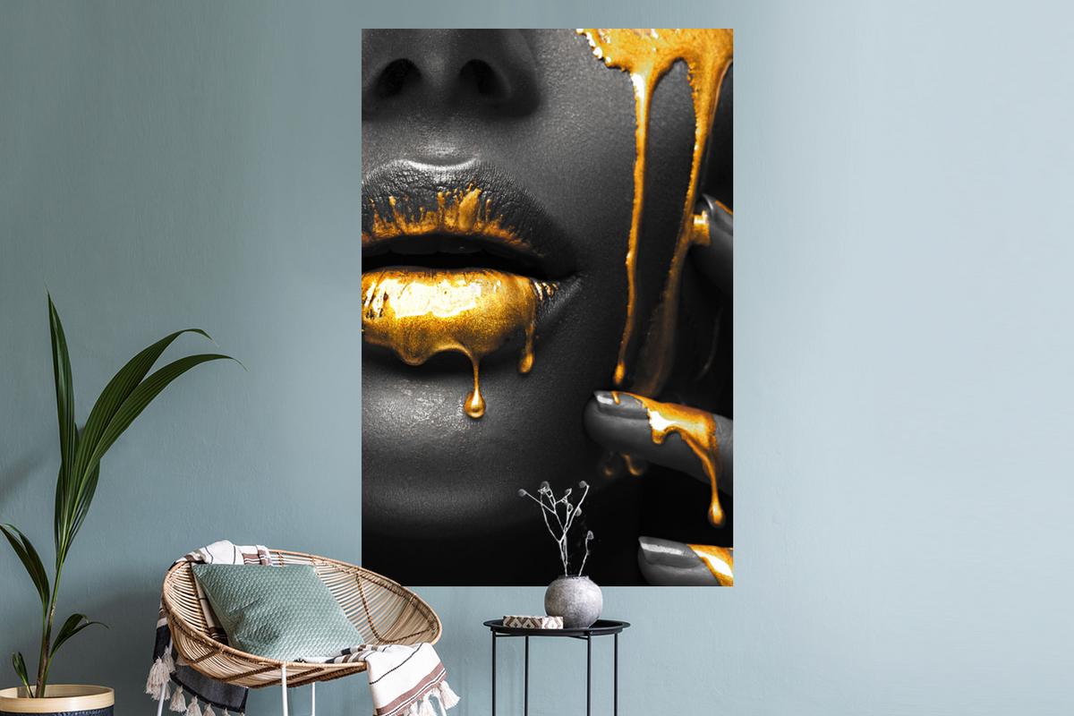 WANDTATTOO Frau - Schwarz - Gold - Gesicht - Lippen Wandaufkleber 80x120 cm - Goldfarben, Kunststoff (80/120/0.1cm) - MuchoWow