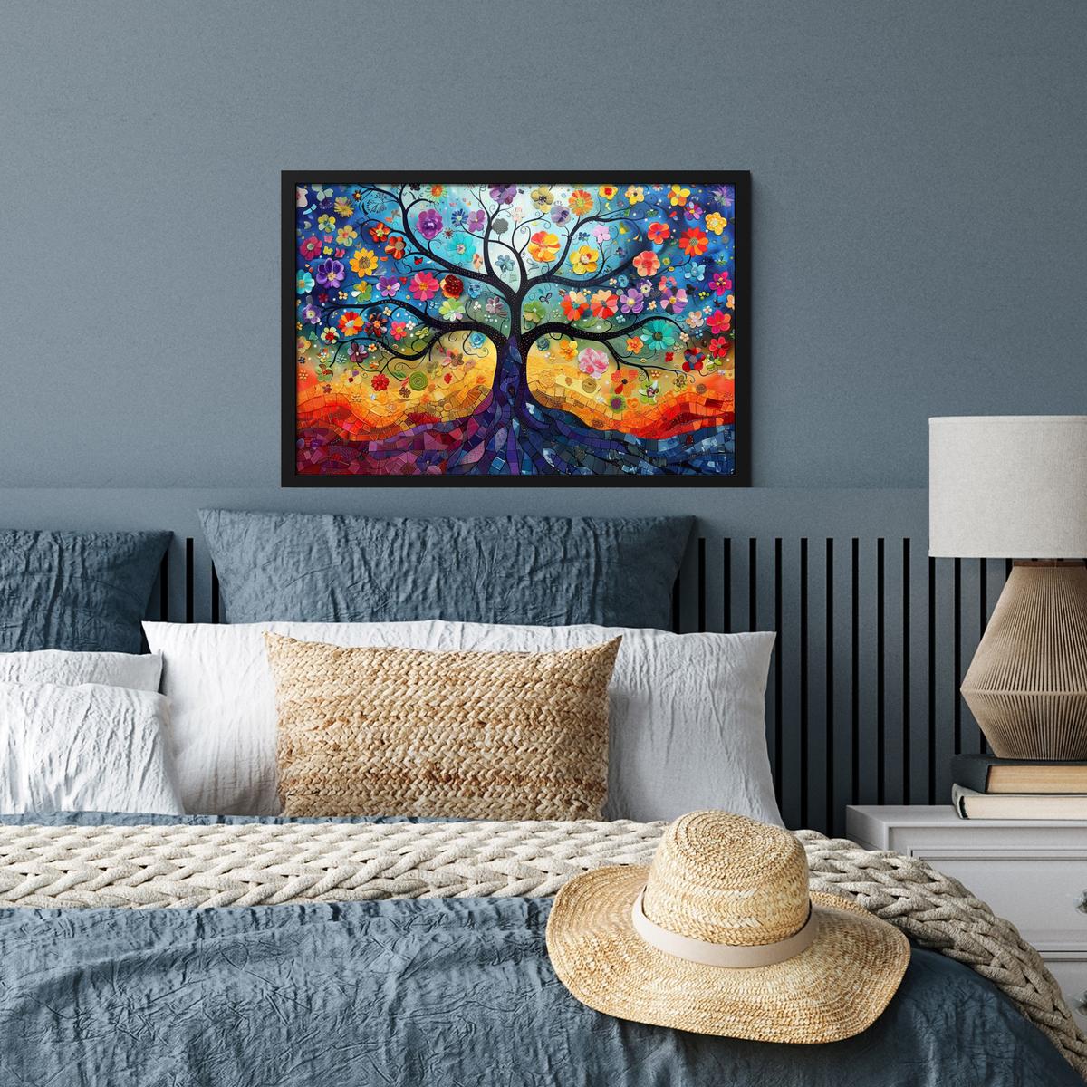 POSTER MIT RAHMENGERAHMTES BILD Kunst - Baum des Lebens - Blumen - Hippie 60x40 cm - Dunkelblau, Papier (60/40cm) - MuchoWow