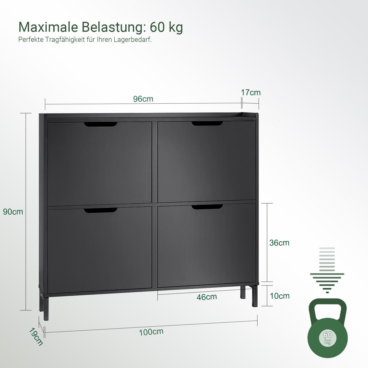 SCHUHKIPPER mit 4 Klappen, Schuhschrank schmal, 100x91x19cm Schwarz - Schwarz, Holzwerkstoff/Metall (100/91/19cm) - SoBuy