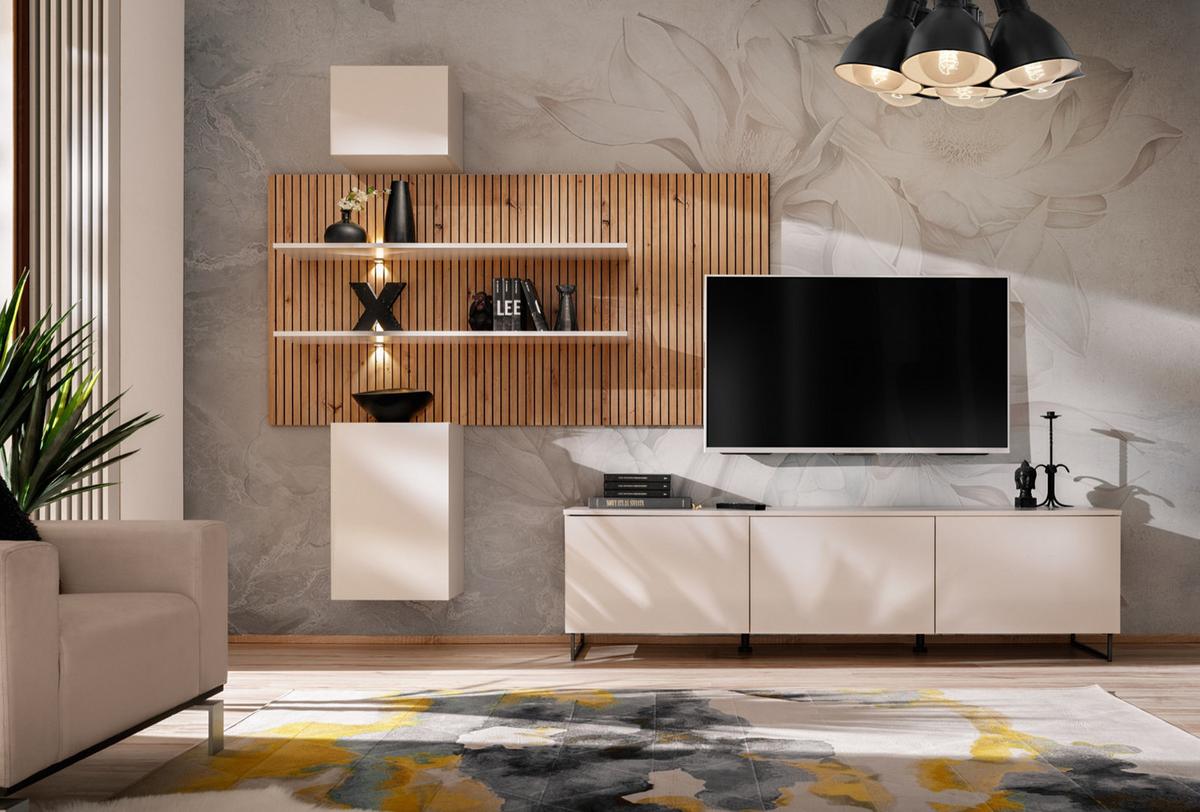 WOHNWAND 4-teilig Sand matt, Eiche Artisan 280 cm, Schrankwand hängend inklusive LED Beleuchtung - Sandfarben/Schwarz, Holzwerkstoff/Kunststoff (280/200/45cm) - Furn.Design
