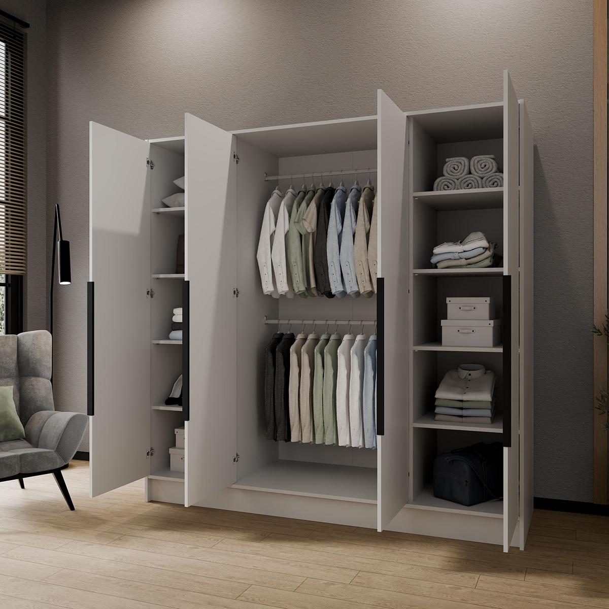 KLEIDERSCHRANK Mono Bis im Skandi-Stil, Drehtüren mit Schwarze Metallgriffe, Weiß 200/200/51 cm - Weiß, Holzwerkstoff (200/200/51cm) - WFL GROUP