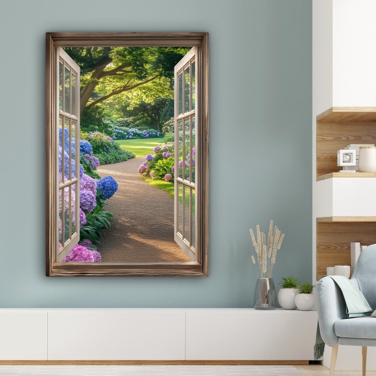 LEINWANDBILD Aussicht - Garten - Fenster - Hortensie - Blumen Deko XXL 80x120 cm - Pastellblau, Textil (80/120cm) - MuchoWow