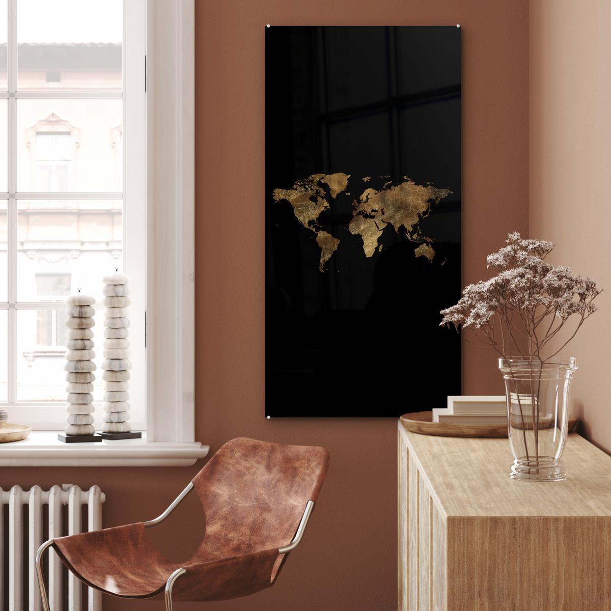 ACRYLGLASBILD Weltkarte - Gold - Luxus - Erde - Schwarz 60x120 cm - Goldfarben, Glas (60/120cm) - MuchoWow