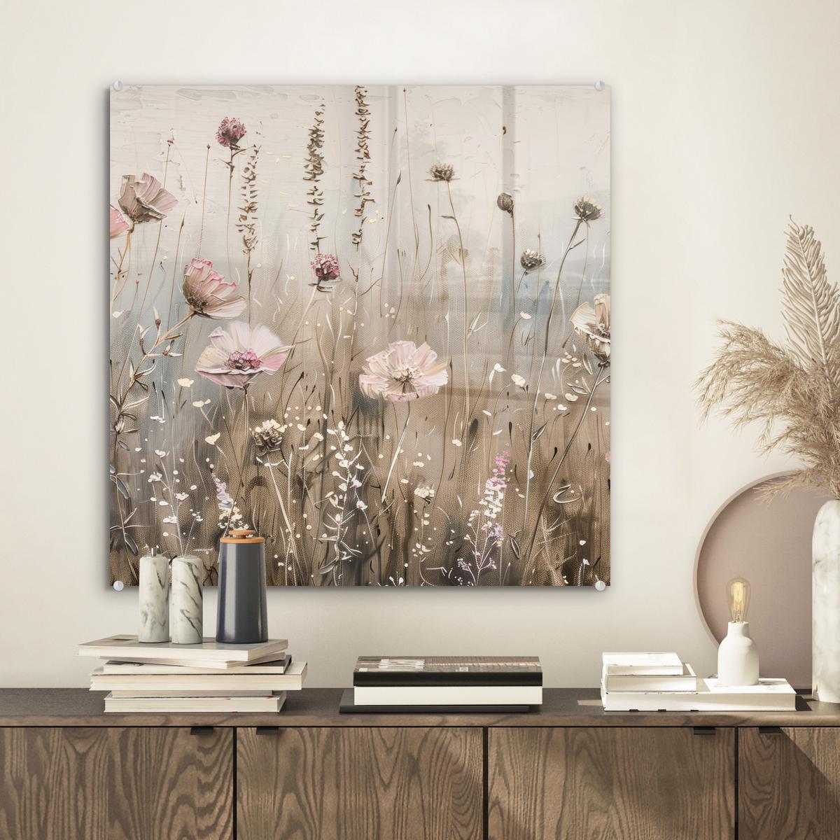 ACRYLGLASBILD Blumen - Rosa - Modern - Beige 50x50 cm - Beige, Glas (50/50cm) - MuchoWow
