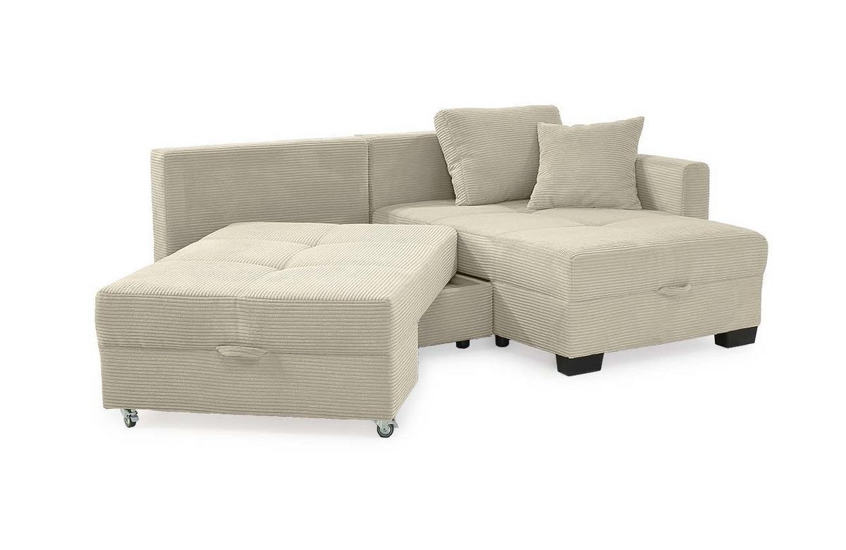 ECKSOFA Doppelbett mit Bettkasten, seitenverkehrt montierbar B247/T155/H87 cm, Liegefläche 183x207 cm, Cord Beige Grau / 15215 - Greige/Schwarz, Kunststoff/Textil (247/155cm) - luma-home