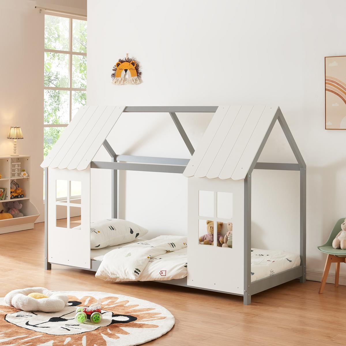 HAUSBETT Tostedt - Weiß/Grau, Holz/Holzwerkstoff (90/200cm) - [en.casa]