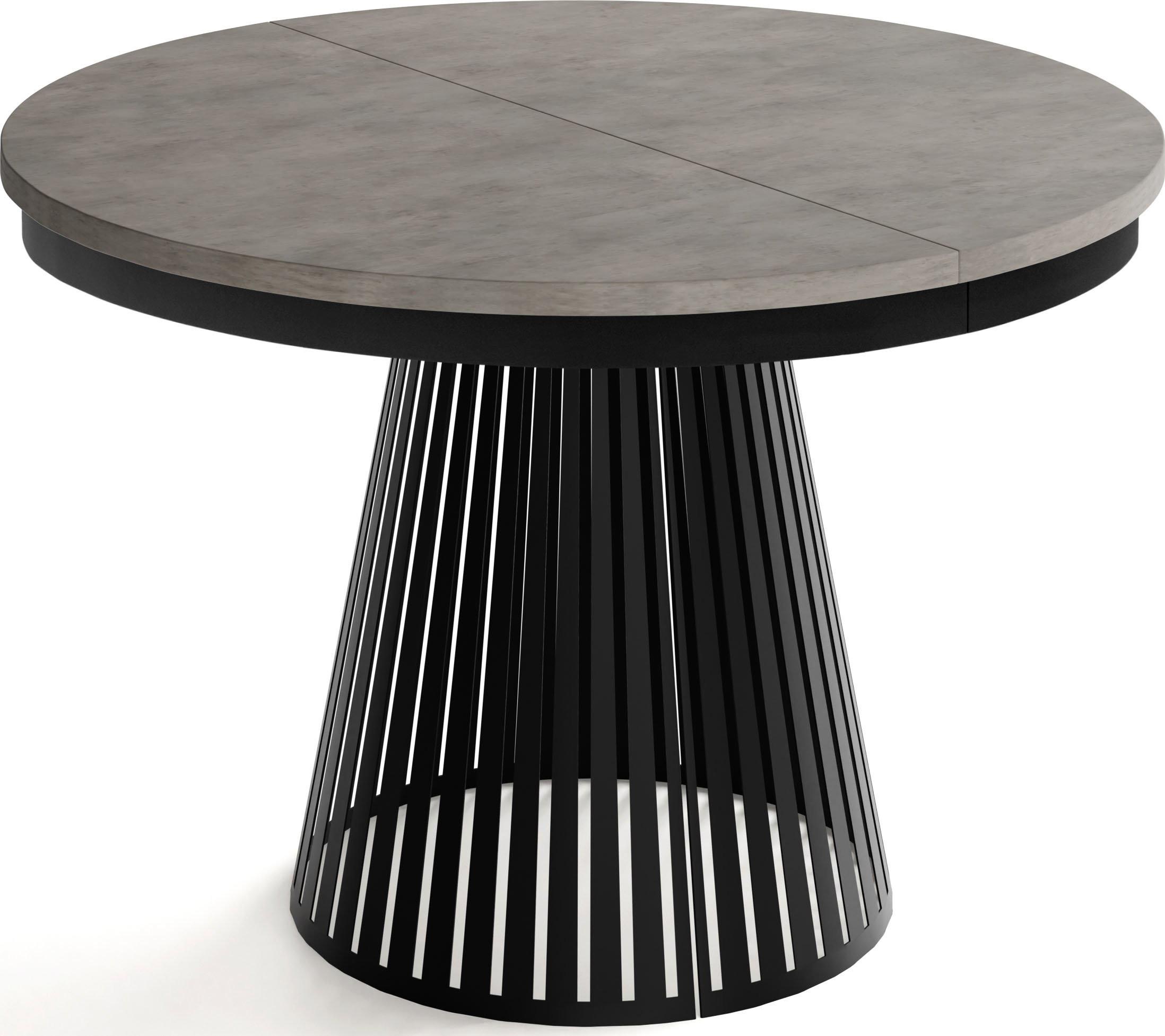 ESSTISCH Naro rund ausziehbar mit Schwarzem Lamellen-Metallgestell, Beton-Optik Dunkelgrau 120-200/120/76 cm - Dunkelgrau/Schwarz, Holzwerkstoff/Metall (120/196/76cm) - WFL GROUP