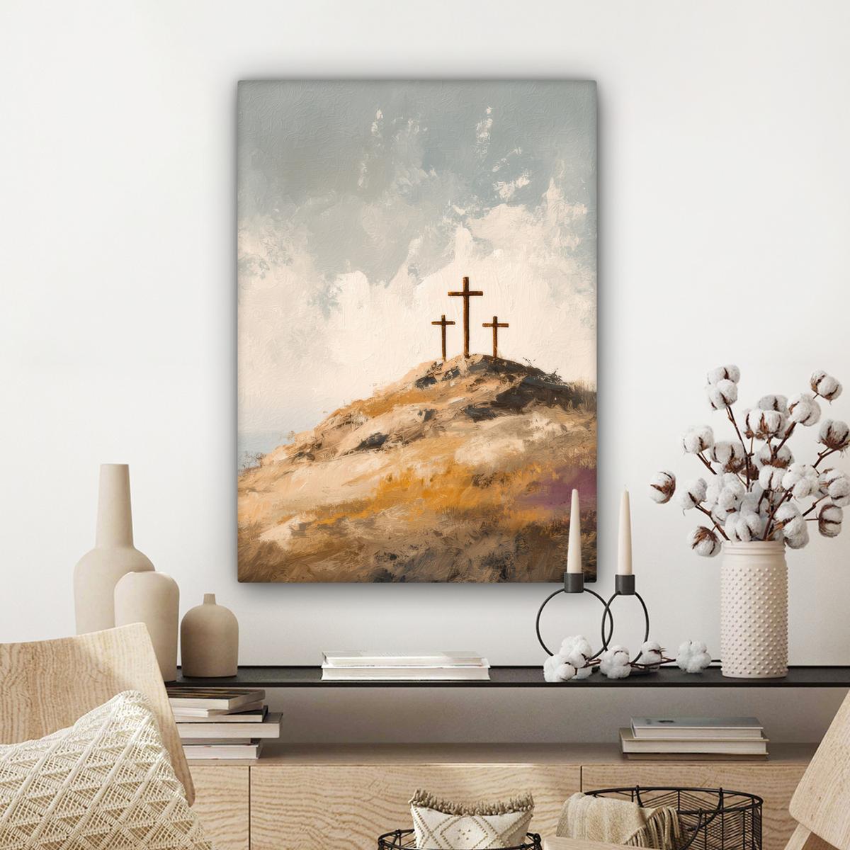 LEINWANDBILD Hügel - Abstrakt - Christentum - Kreuz Wandbild Wohnzimmer 60x80 cm - Hellgrau, Textil (60/80cm) - MuchoWow