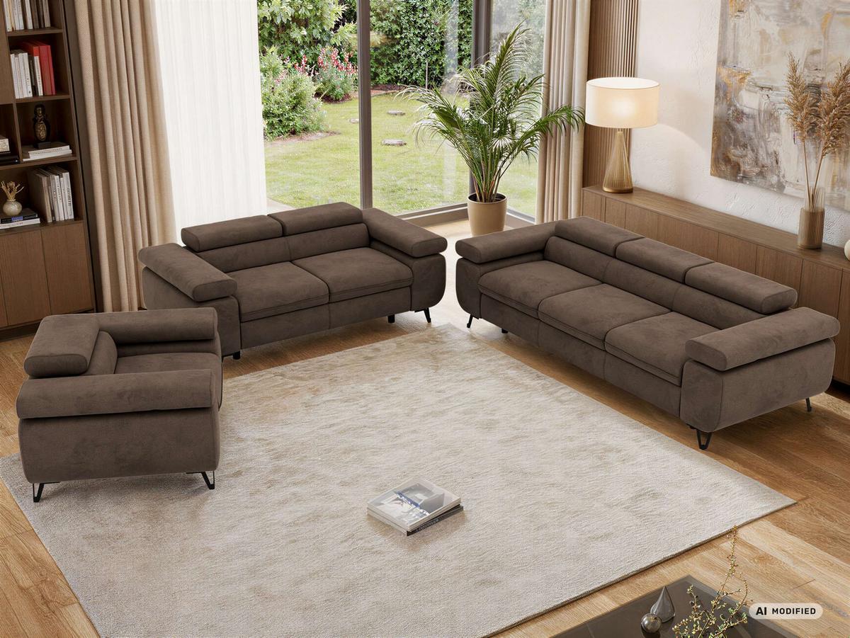 SITZGARNITUR PETER 1+2+3 - Braun Velvet - Schwarz/Braun, Textil/Metall (262/76/99cm) - MKS