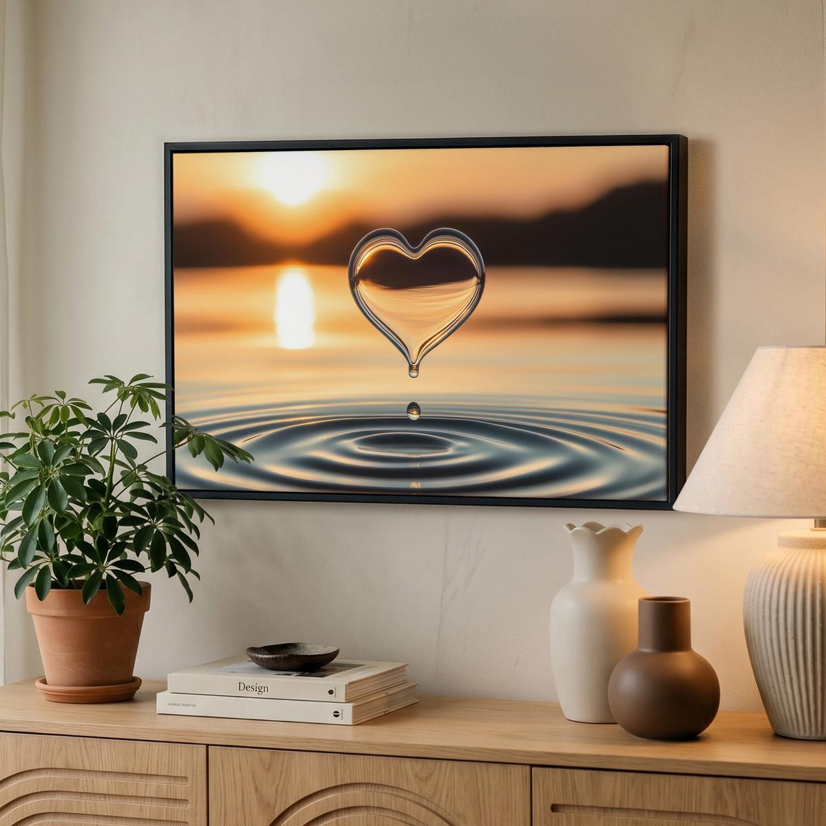 LEINWAND Bilder mit Rahmen - Herz - Wasser - Sonnenuntergang - Natur - Zen - 60x40 - Bernsteinfarben, Textil (60/40cm) - MuchoWow