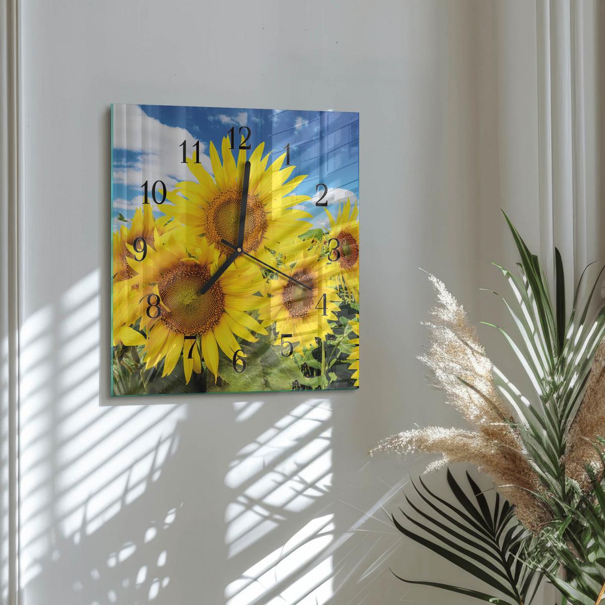 WANDUHR aus Glas 30x30 cm - Sonnenblumen - Gelb, Glas (30/30/0.4cm) - TULUP