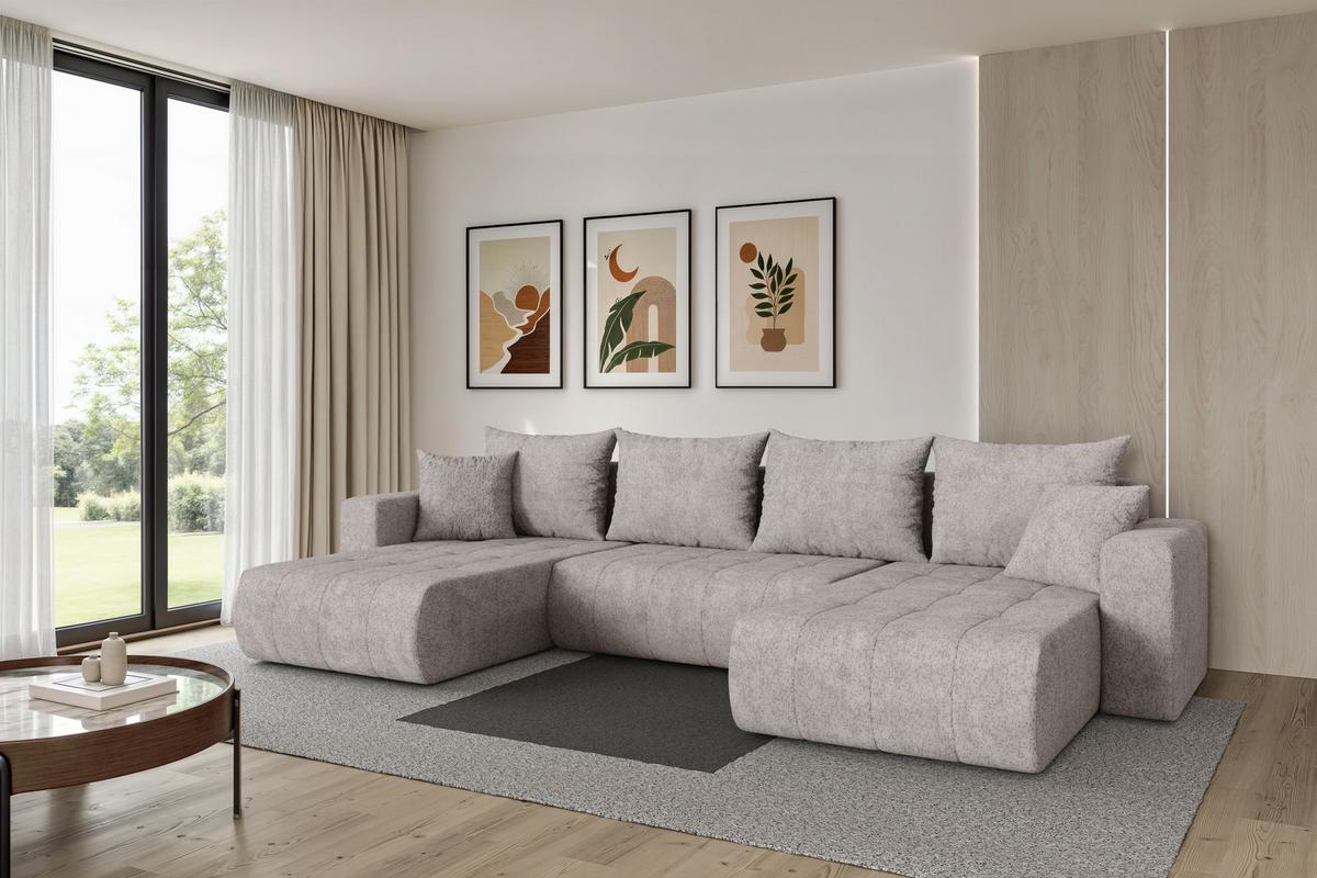 WOHNLANDSCHAFT mit Schlaffunktion und Bettkasten MILA-U 378x194x86 Hellgrau Velours - Hellgrau/Schwarz, Holzwerkstoff/Kunststoff (378/86/194cm) - ALTDECOR