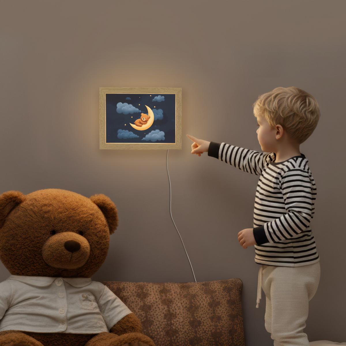 NACHTTISCHLAMPE Teddybär - Mond - Wolken - Sterne 20x15 cm - Dunkelblau, Holzwerkstoff (8/20/15cm) - OnlyWow