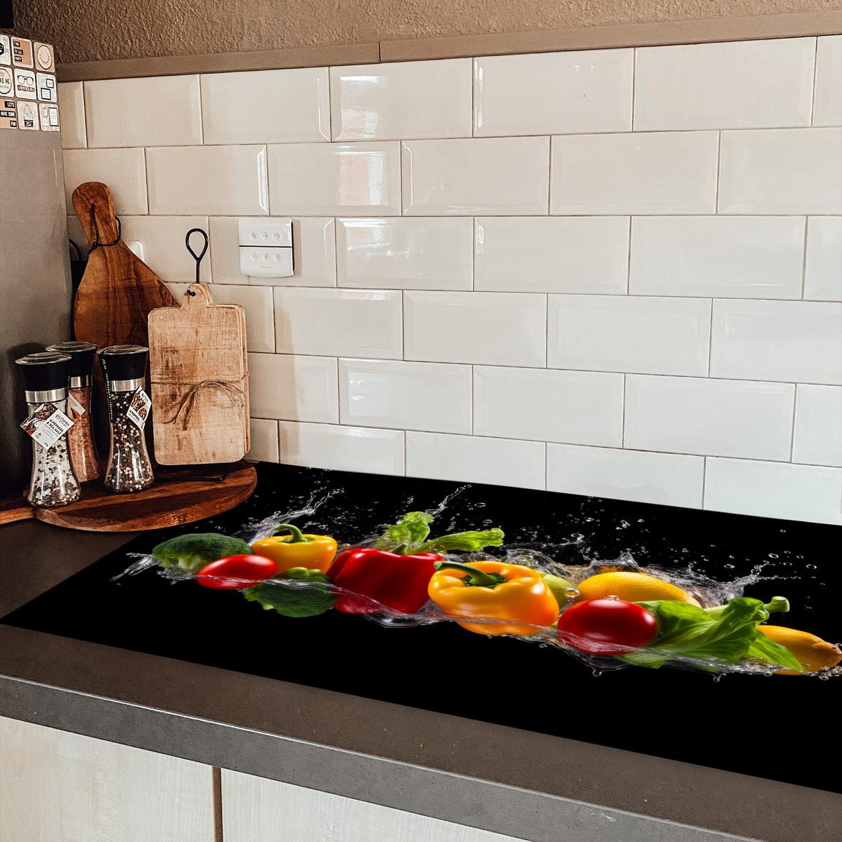 HERDABDECKPLATTE Paprika - Wasser - Gemüse - Schwarz Ceranfeldabdeckung 90x52 cm - Multicolor, Kunststoff (90/52/0.2cm) - MuchoWow