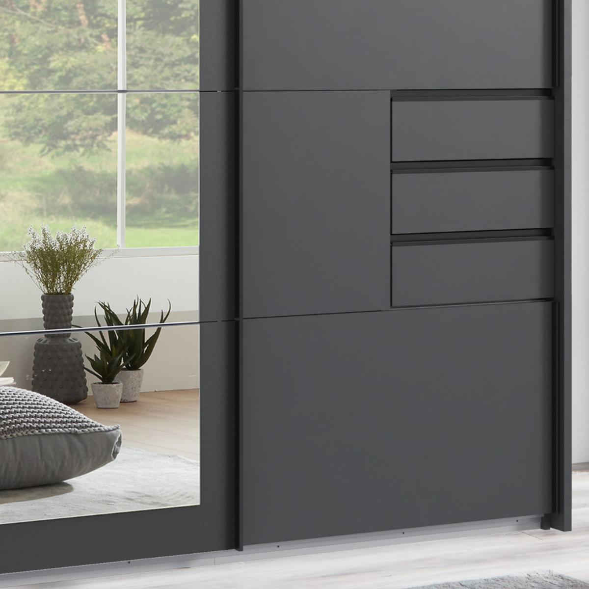 SCHWEBETÜRENSCHRANK 3-türig B273/H213/64 cm in Grafit mit Passepartout & Spiegel & Schubladen, Kleiderschrank inkl. Vollausstattung / 22504 - Blau/Graphitfarben, Holzwerkstoff/Metall (273/213/64cm) - luma-home