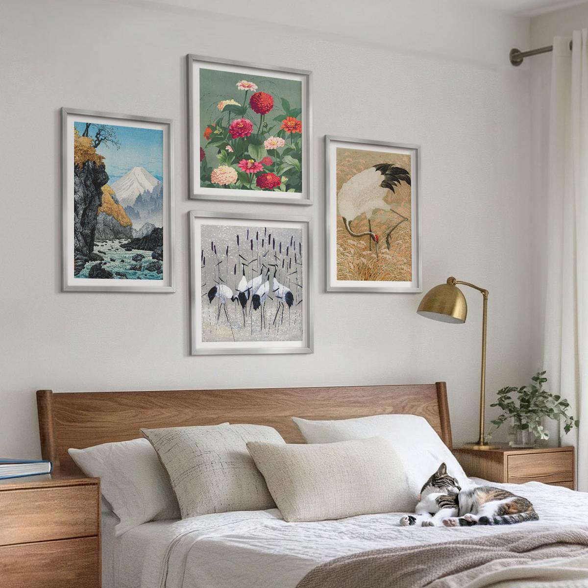 BILDER SET 4er Set - 50x50 cm & 40x60 cm Silberner Rahmen - Berge, Fluss, Blumen, Kraniche - Silberfarben, Kunststoff (50/50cm) - TULUP