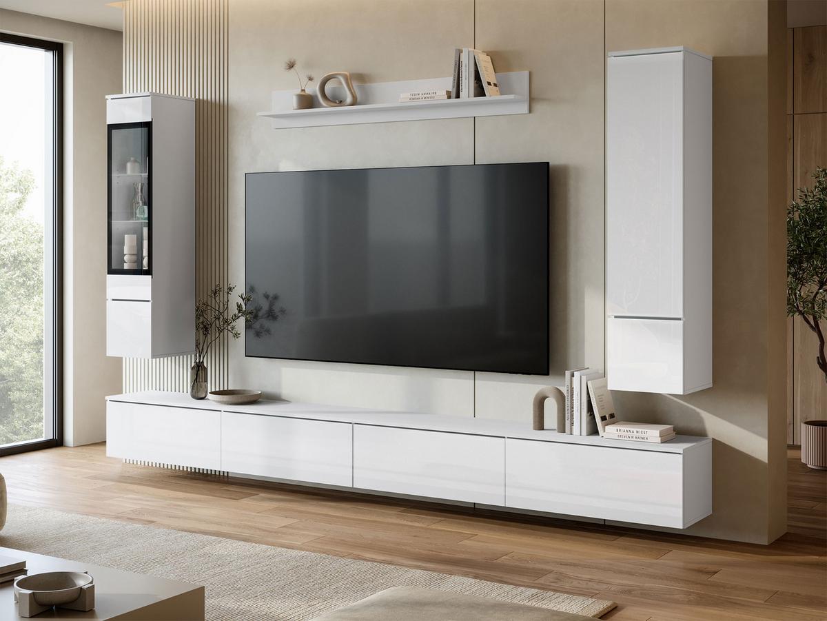 WOHNWAND Vera VIII mit weißer LED Beleuchtung - Weiß Hochglanz/Silberfarben, Holzwerkstoff/Kunststoff (300/130/33cm) - MIRJAN24