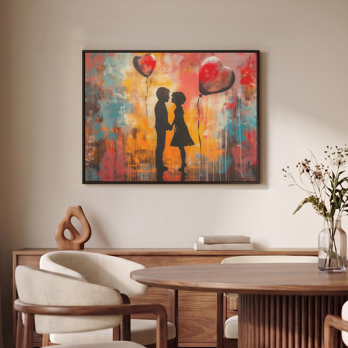 LEINWAND Bilder mit Rahmen - Straßenkunst - Liebe - Graffiti - Kunst - Banksy - 80x60 - Orange, Textil (80/60cm) - MuchoWow