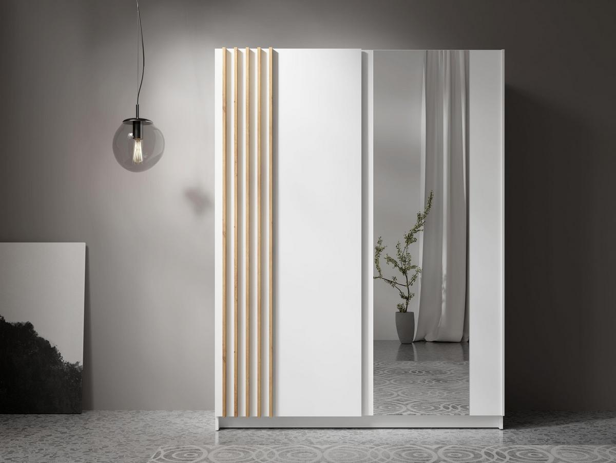 KLEIDERSCHRANK Beralto Weiß 150/198,5/63,5 cm – mit Spiegel und Lamellenfront - Weiß, Holzwerkstoff (150/198.5/63.5cm) - AX Living