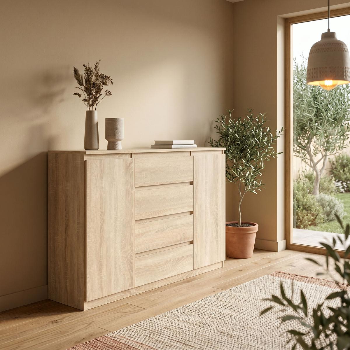 KOMMODE NUDO 120/101,5/39cm mit 4 Schubladen 2 Türen Sonoma Eiche - Sonoma Eiche, Holzwerkstoff (120/101.5/39cm) - MASSENO